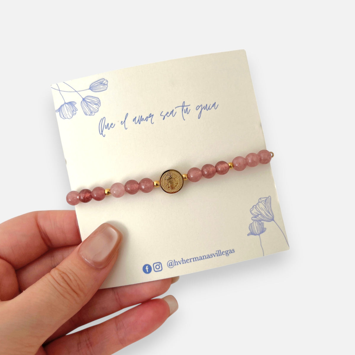Pulsera Hilo Cuarzo Rosa Oscuro San Benito en Acero Dorado