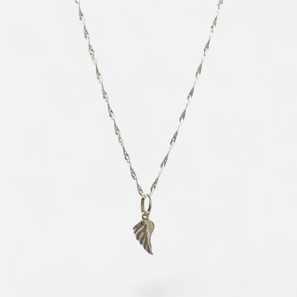 Collar Hv Hermanas Villegas de plata 925 con cadena tejido Singapur y dije de ala de ángel pulido