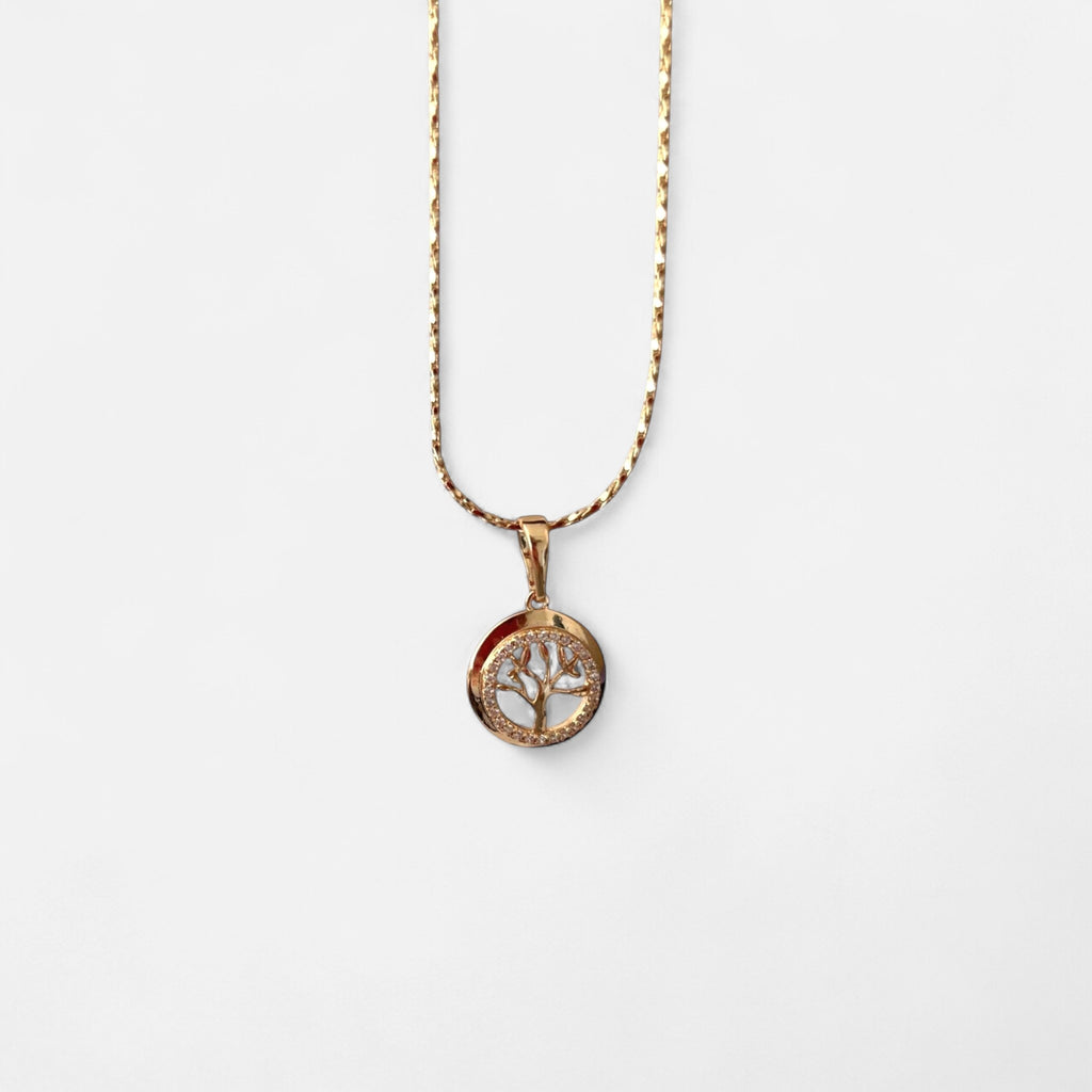 Collar Hv Hermanas Villegas con cadena entorchada y dije circular de Árbol de la Vida en oro rosé con circonias.