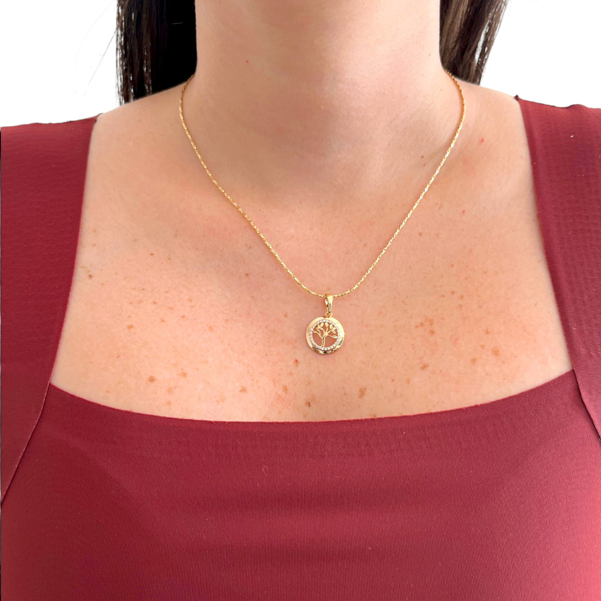 Collar Hv Hermanas Villegas con cadena entorchada y dije circular de Árbol de la Vida con circonias en oro rosé