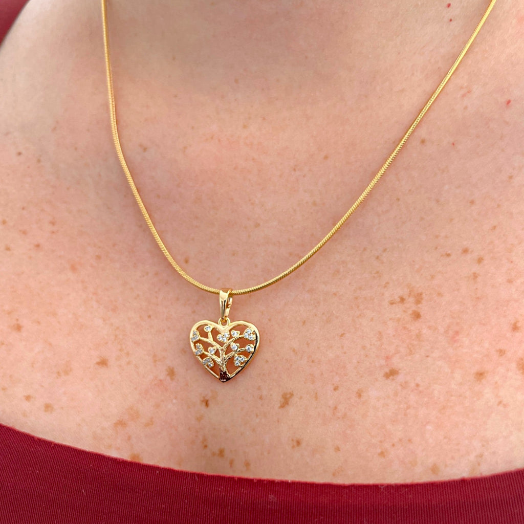 Collar Hv Hermanas Villegas con cadena cola de ratón y dije de corazón Árbol de la Vida con circonias en oro rosé