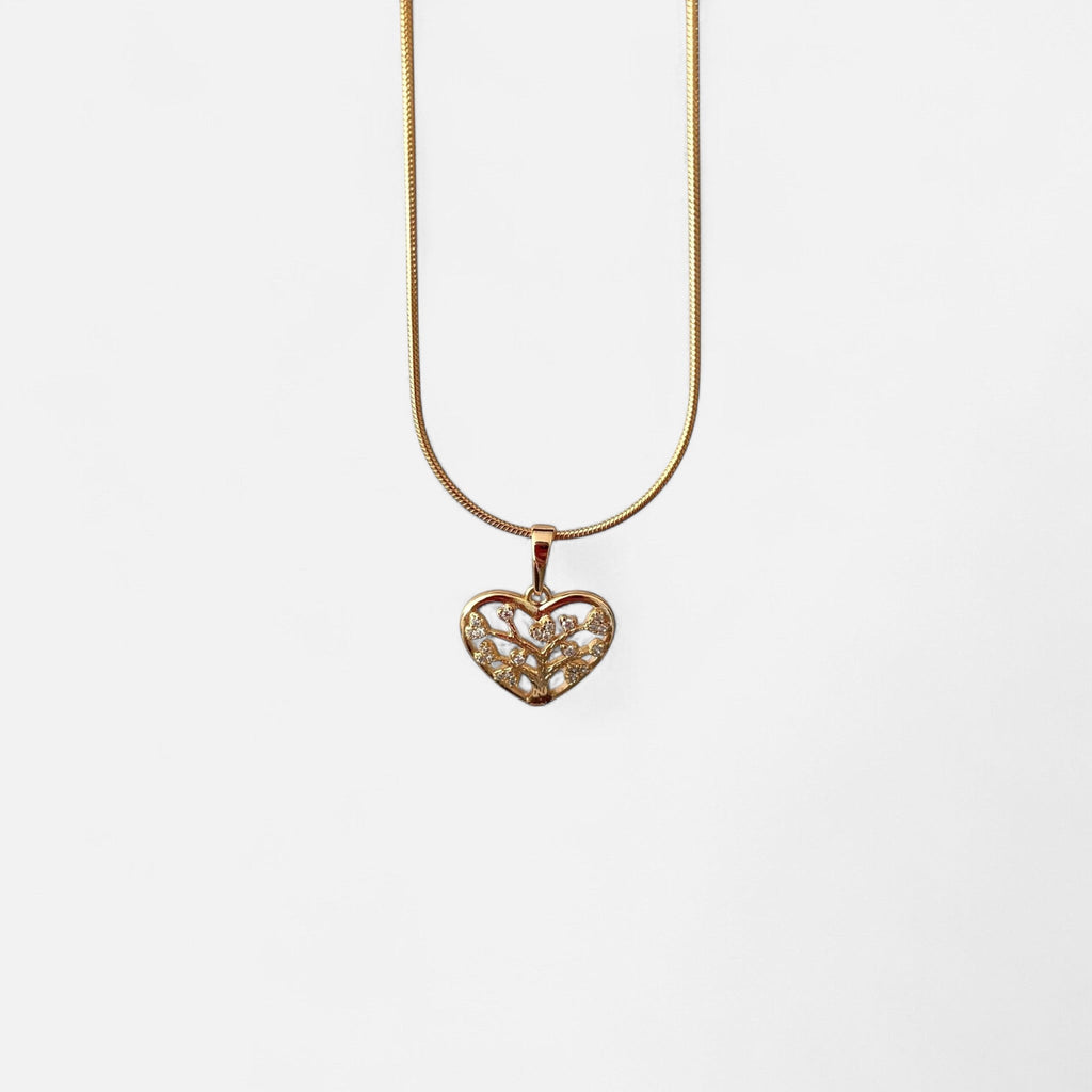 Collar Hv Hermanas Villegas de cadena cola de ratón en oro rosé con dije de corazón y Árbol de la Vida con circonias