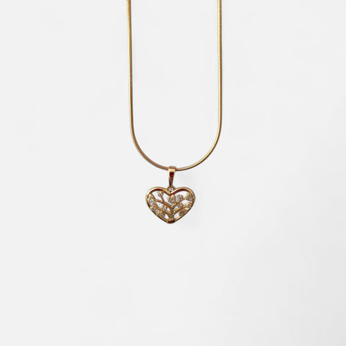 Collar Hv Hermanas Villegas de cadena cola de ratón en oro rosé con dije de corazón y Árbol de la Vida con circonias