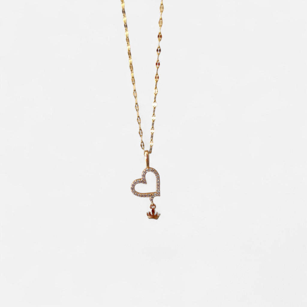 Collar Hv Hermanas Villegas de cadena espejo en oro rosé con dije de corazón pavé y corona colgante de circones