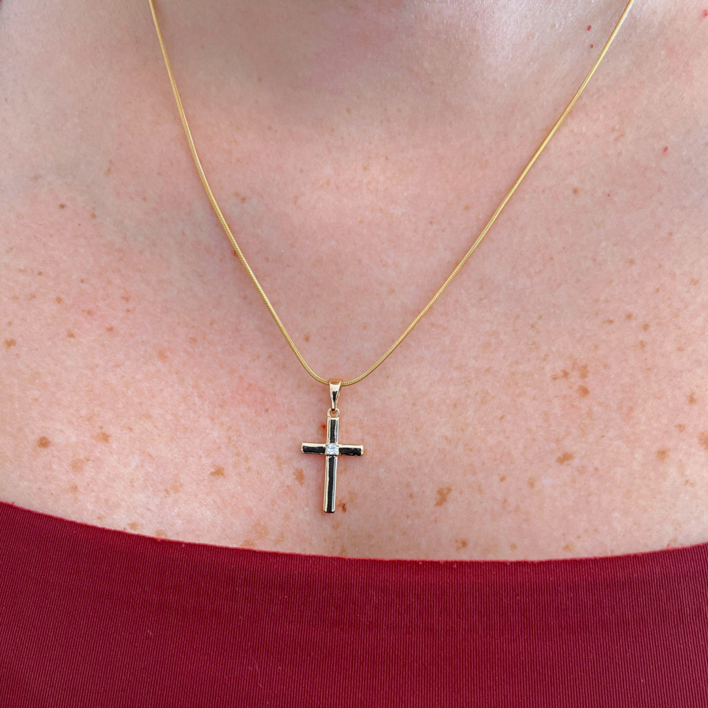 Collar Hv Hermanas Villegas de cadena cola de ratón en oro rosé con dije de cruz y circonia central brillante