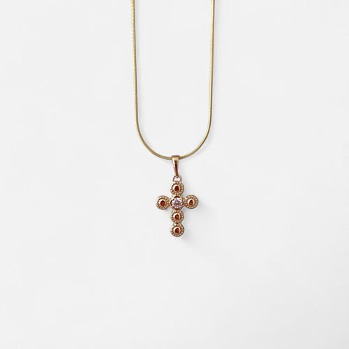 Collar Hv Hermanas Villegas de cadena cola de ratón en oro rosé con dije de cruz de círculos y circonia central