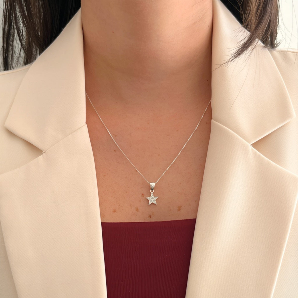 Collar Hv Hermanas Villegas de plata 925 tejido veneciano con dije de estrella brillante y circonias