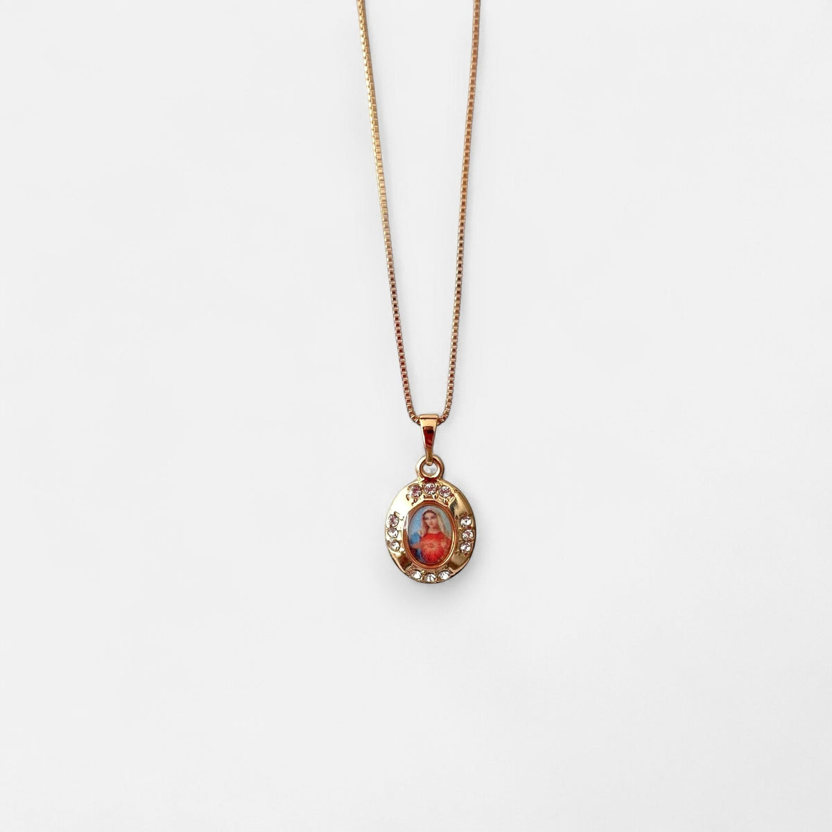 Collar Hv Hermanas Villegas con cadena veneciana en oro rosé y medalla ovalada del Inmaculado Corazón con circonias