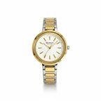 Reloj Hv Hermanas Villegas unisex bicolor en acero con dial blanco texturizado y marcadores dorados