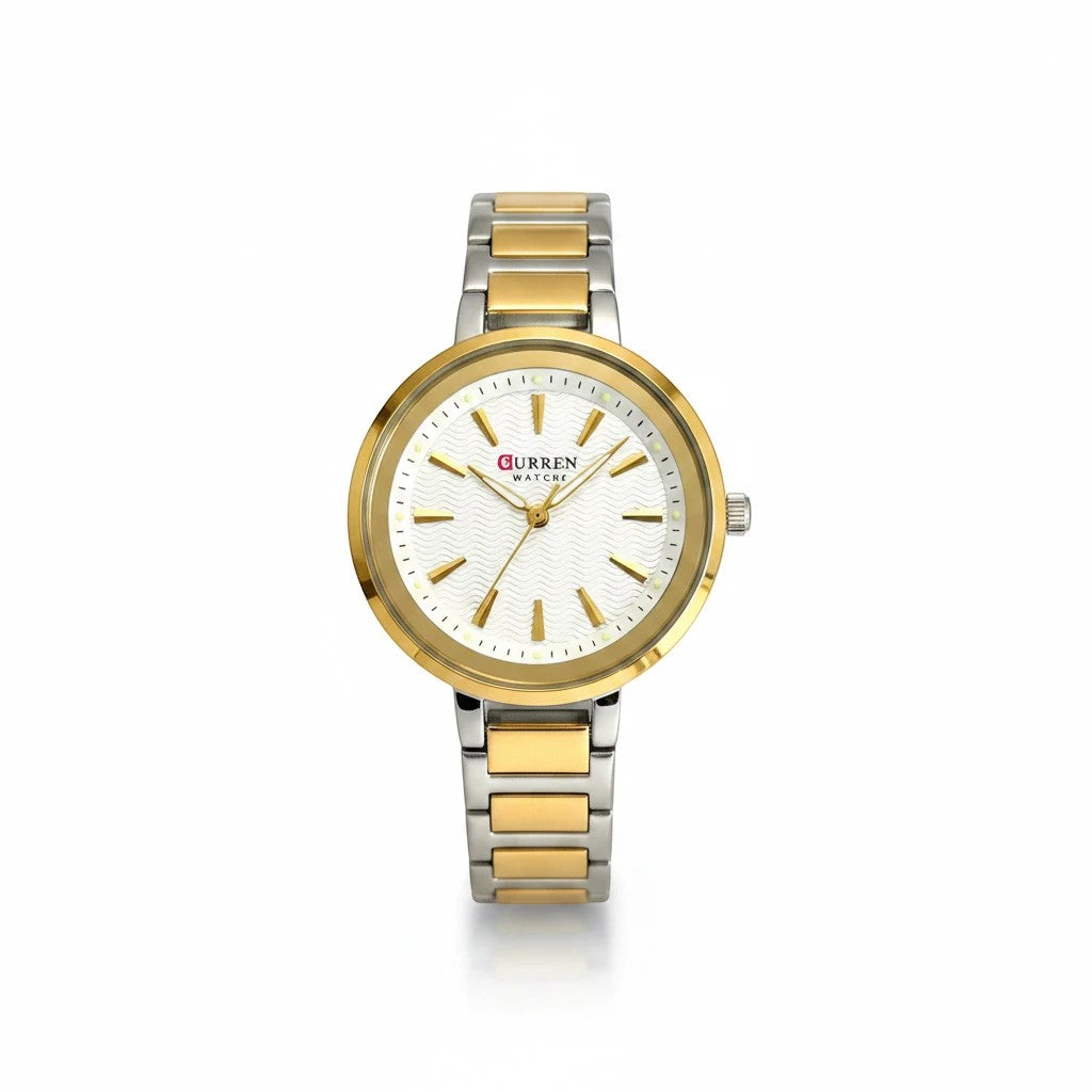 Reloj Hv Hermanas Villegas unisex bicolor en acero con dial blanco texturizado y marcadores dorados
