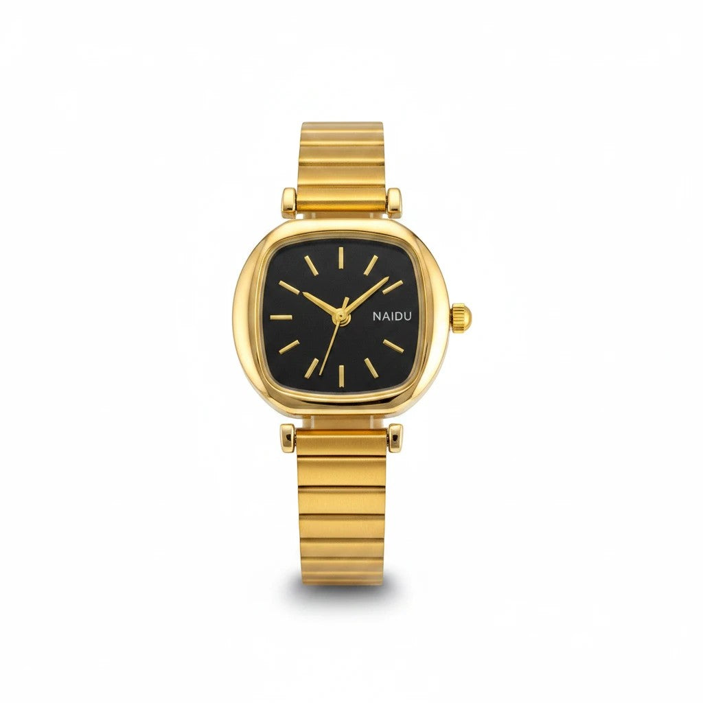 Reloj Hv Hermanas Villegas con caja cuadrada dorada, dial negro y correa de acero extensible de estilo vintage.