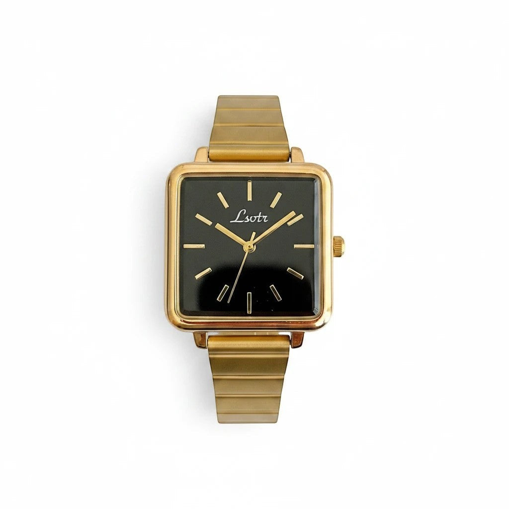 Reloj Hv Hermanas Villegas con caja cuadrada dorada, dial negro minimalista y correa metálica de estilo vintage.