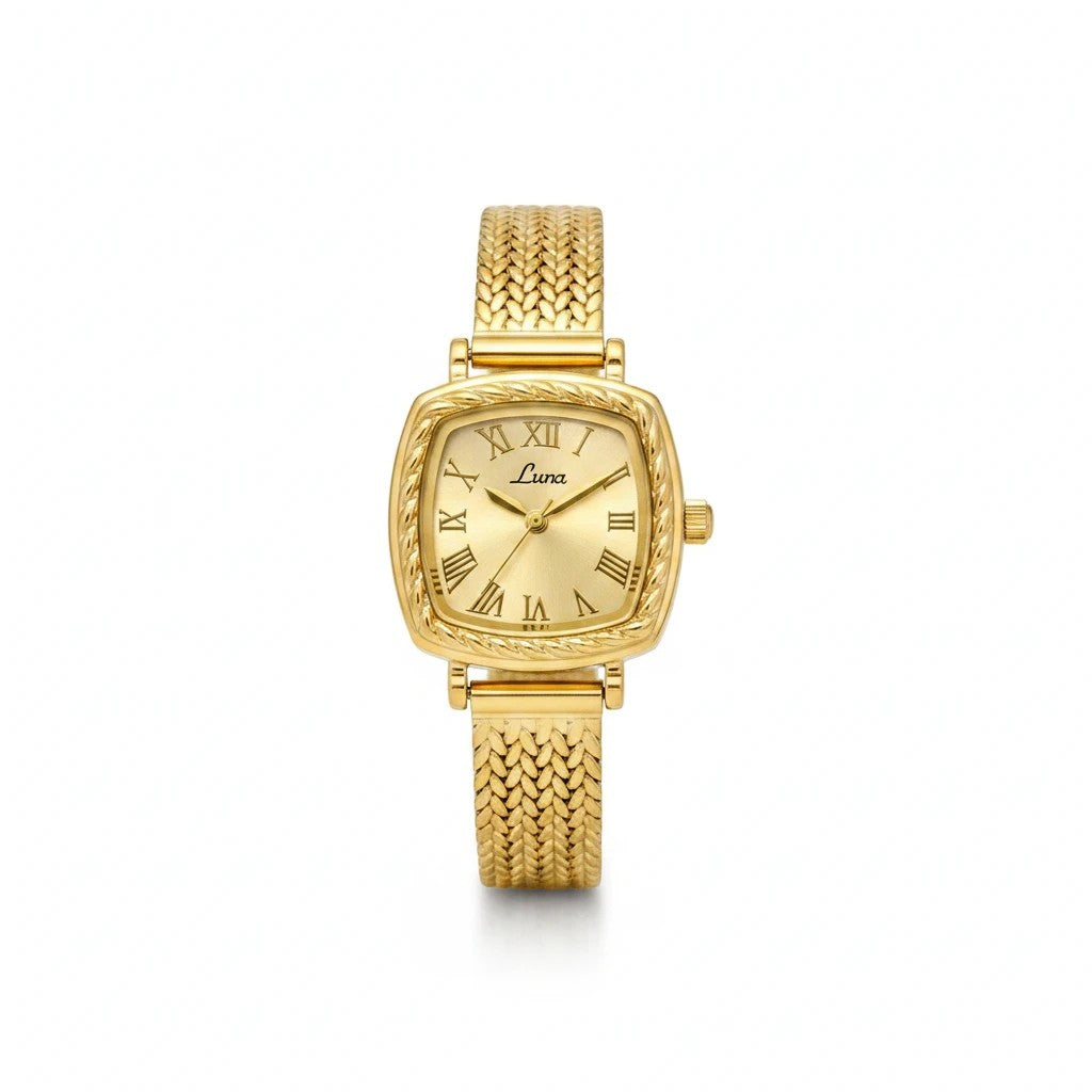 Reloj Hv Hermanas Villegas cuadrado dorado con bisel labrado, dial de números romanos y correa de acero trenzada