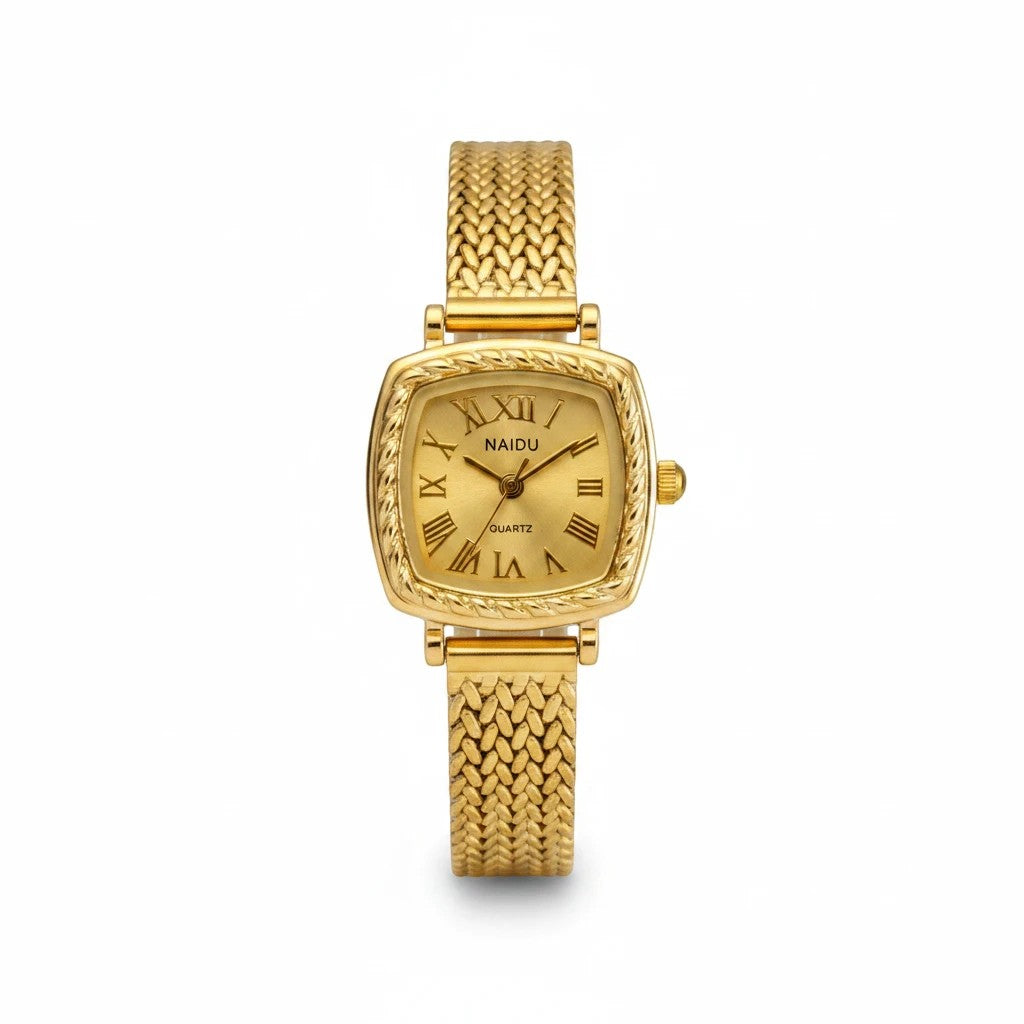 Reloj Hv Hermanas Villegas cuadrado dorado con bisel labrado, dial de números romanos y correa metálica trenzada