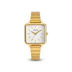 Reloj Hv Hermanas Villegas de caja cuadrada dorada, dial blanco minimalista y correa de acero extensible estilo vintage