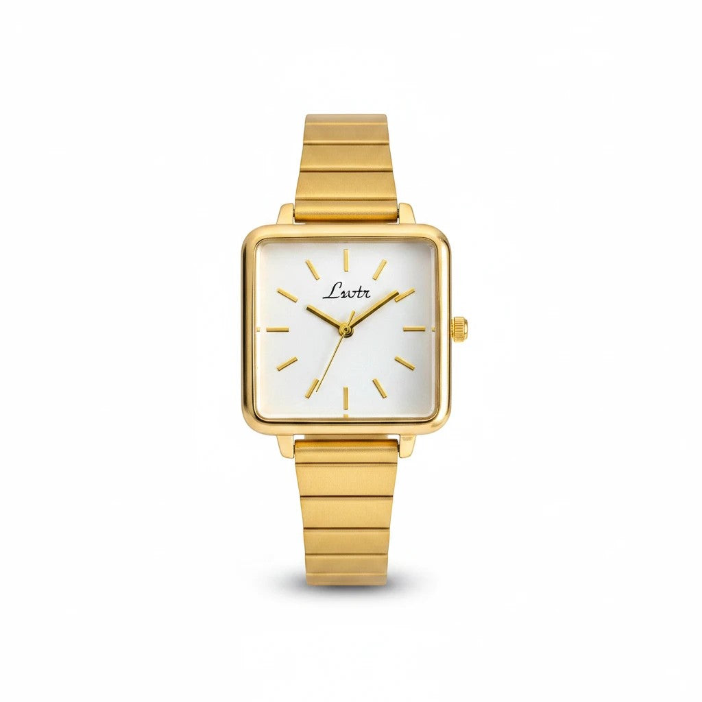 Reloj Hv Hermanas Villegas de caja cuadrada dorada, dial blanco minimalista y correa de acero extensible estilo vintage