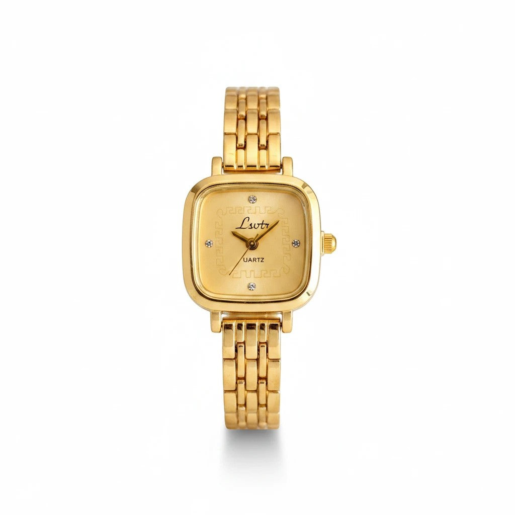 Reloj Hv Hermanas Villegas cuadrado dorado con correa de eslabones, dial texturizado y detalles de brillantes.