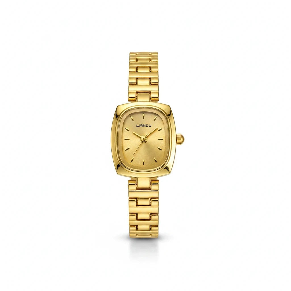 Reloj Hv Hermanas Villegas analógico dorado con caja cuadrada, dial satinado y correa de acero de estilo vintage