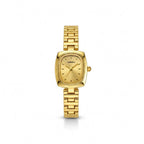 Reloj Hv Hermanas Villegas analógico dorado con caja cuadrada, dial satinado y correa de acero de estilo vintage