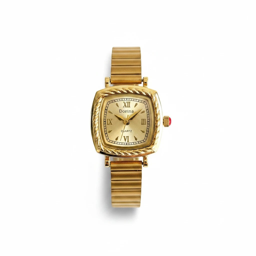 Reloj analógico Hv Hermanas Villegas de acero dorado con caja cuadrada, bisel labrado y números romanos