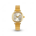 Reloj analógico Hv Hermanas Villegas con caja cuadrada dorada, dial champán cepillado y correa extensible clásica.