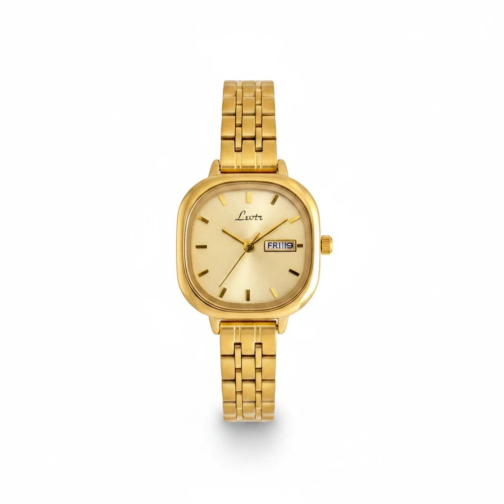Reloj Hv Hermanas Villegas cuadrado de acero dorado con dial champaña, estilo vintage y ventana de fecha