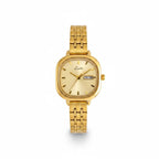 Reloj Hv Hermanas Villegas cuadrado de acero dorado con dial champaña, estilo vintage y ventana de fecha