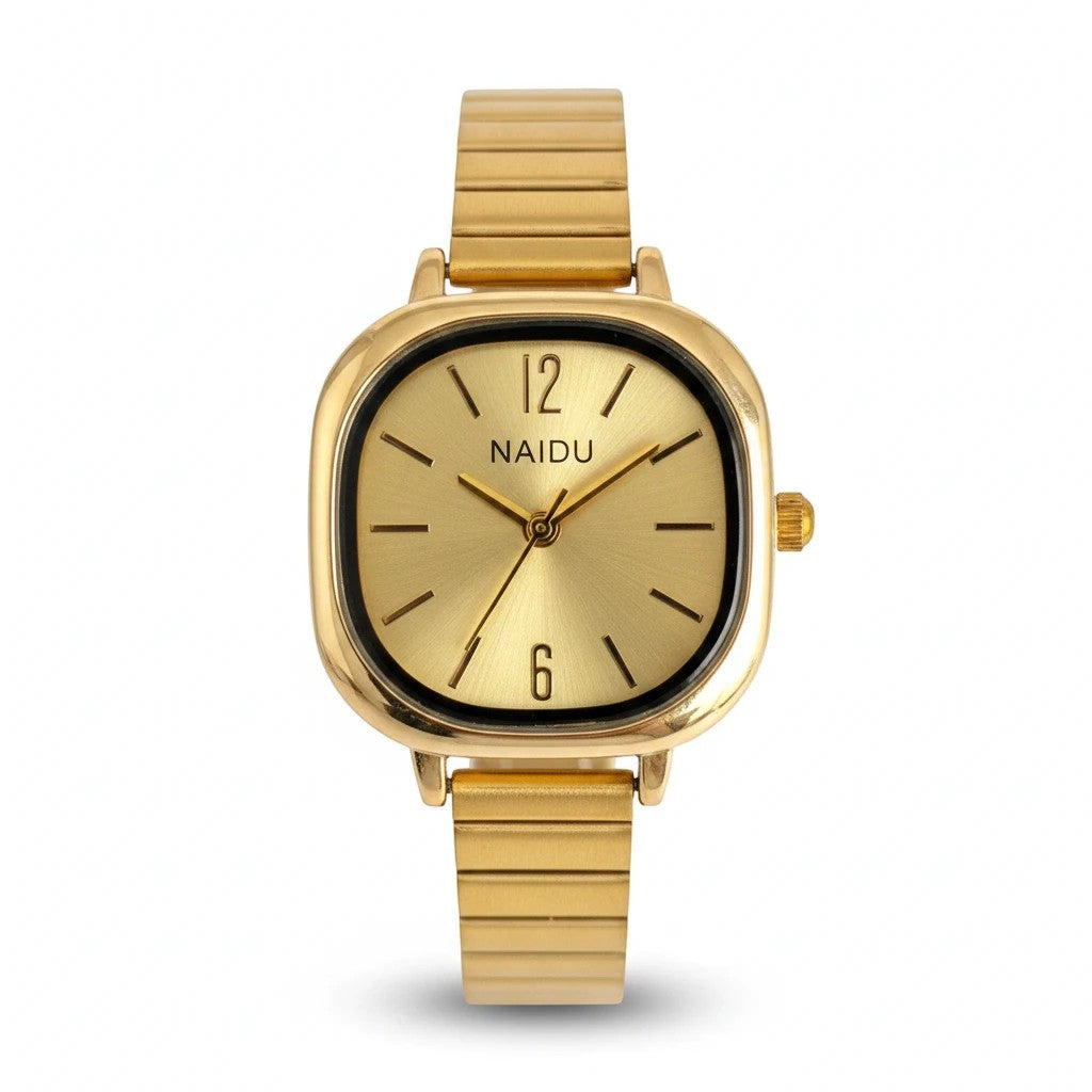 Reloj Hv Hermanas Villegas analógico dorado con caja cuadrada, dial efecto sol y correa extensible de acero