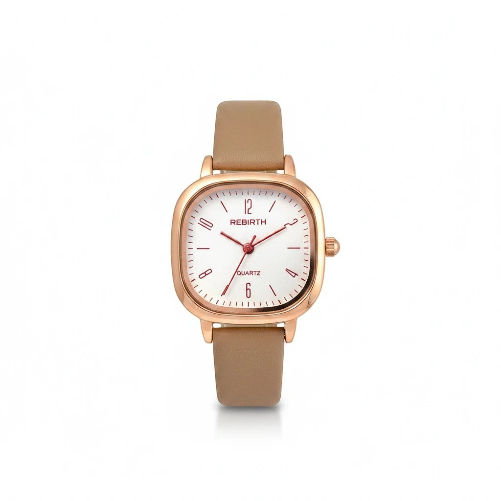 Reloj Hv Hermanas Villegas con caja cuadrada oro rosa, dial claro y correa de cuero vegano beige estilo vintage