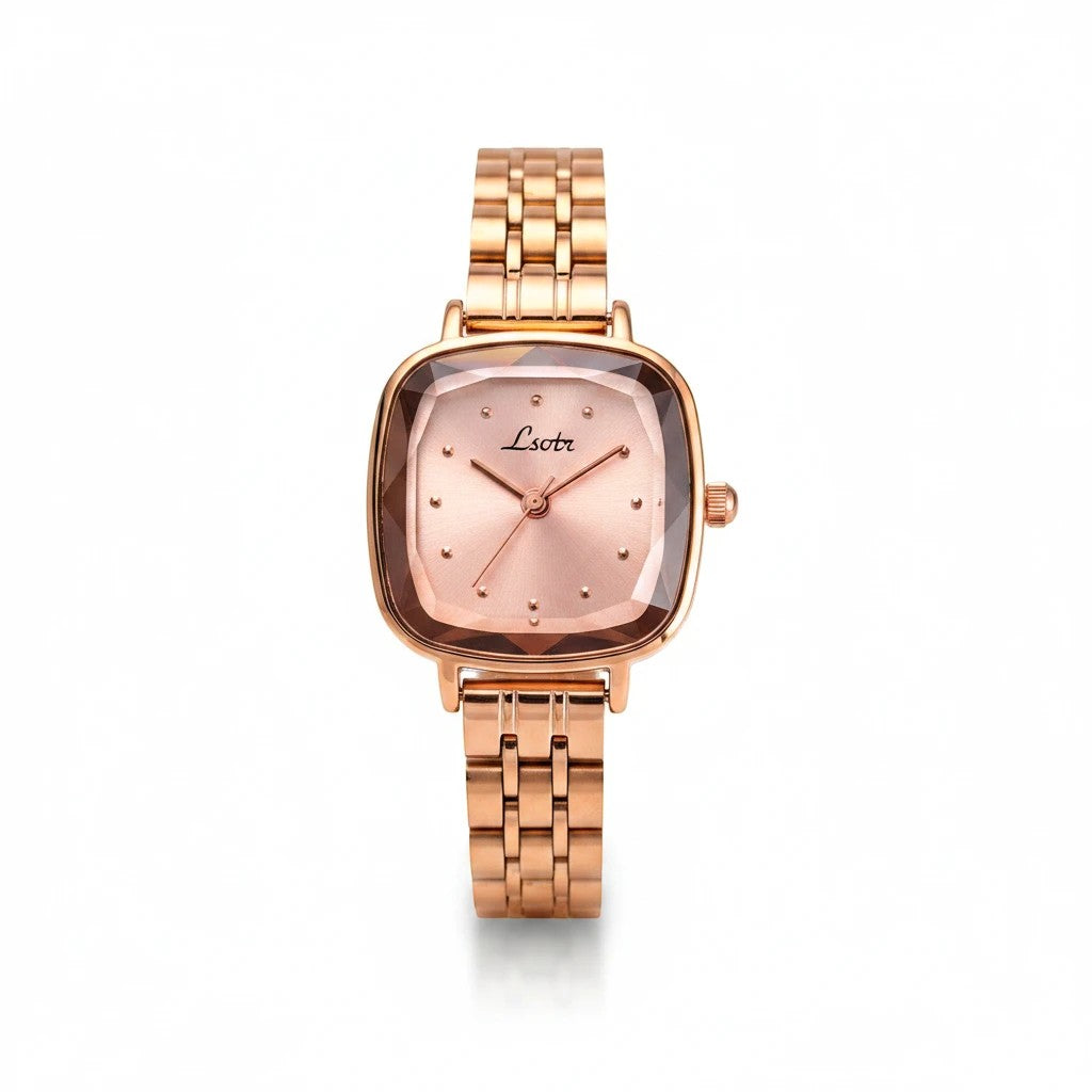 Reloj Hv Hermanas Villegas de acero en oro rosa con caja cuadrada, cristal biselado y correa de eslabones finos.