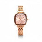 Reloj Hv Hermanas Villegas de acero en oro rosa con caja cuadrada, cristal biselado y correa de eslabones finos.