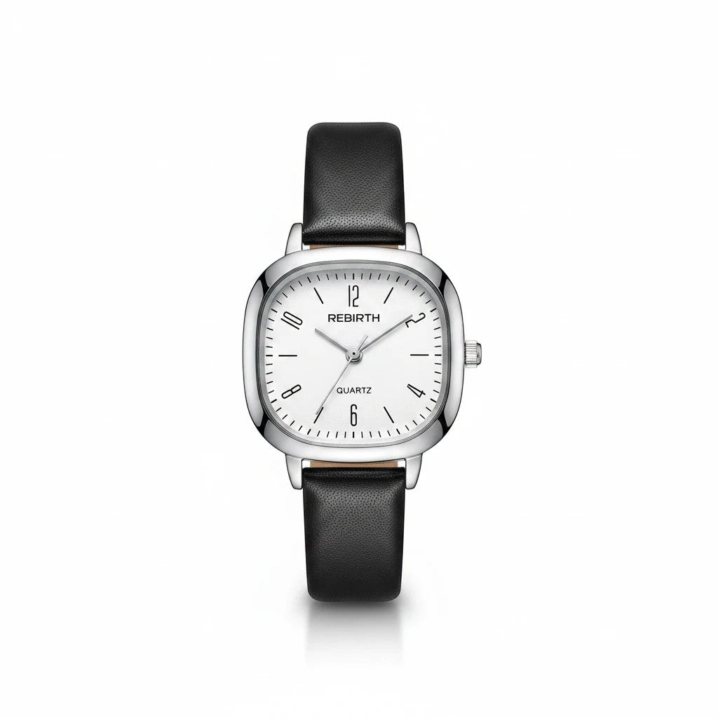 Reloj Hv Hermanas Villegas con caja cuadrada plateada, dial blanco y correa de cuero vegano negro estilo vintage.