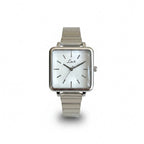 Reloj Hv Hermanas Villegas de caja cuadrada plateada, dial blanco minimalista y correa de acero inoxidable retro.