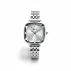 Reloj Hv Hermanas Villegas plateado con caja cuadrada, cristal biselado y correa de acero inoxidable de estilo vintage.