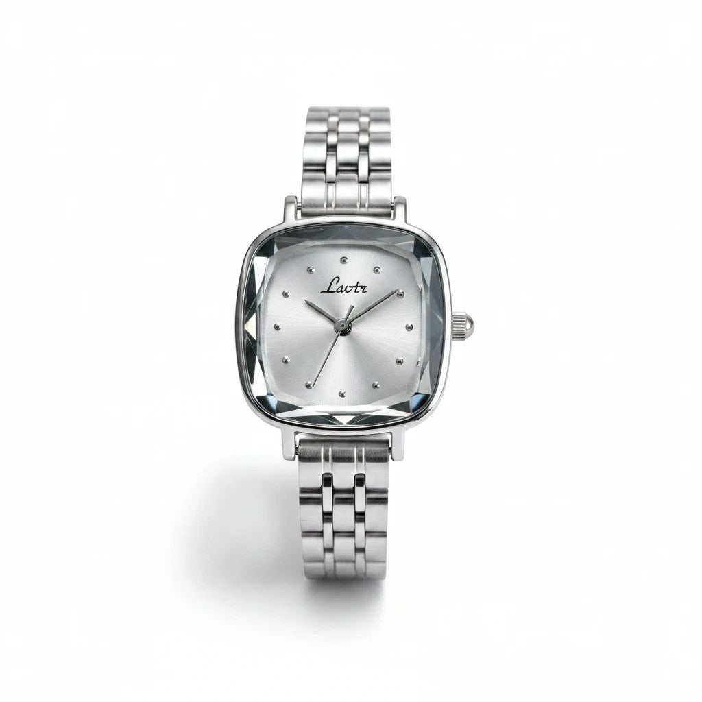 Reloj Hv Hermanas Villegas plateado con caja cuadrada, cristal biselado y correa de acero inoxidable de estilo vintage.