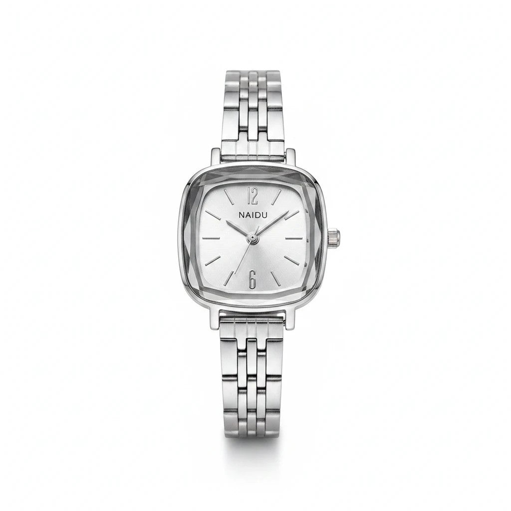 Reloj analógico Hv Hermanas Villegas con caja cuadrada plateada, dial minimalista y correa de acero inoxidable