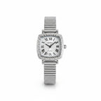 Reloj Hv Hermanas Villegas cuadrado plateado con bisel labrado, dial blanco y números romanos, estilo vintage.