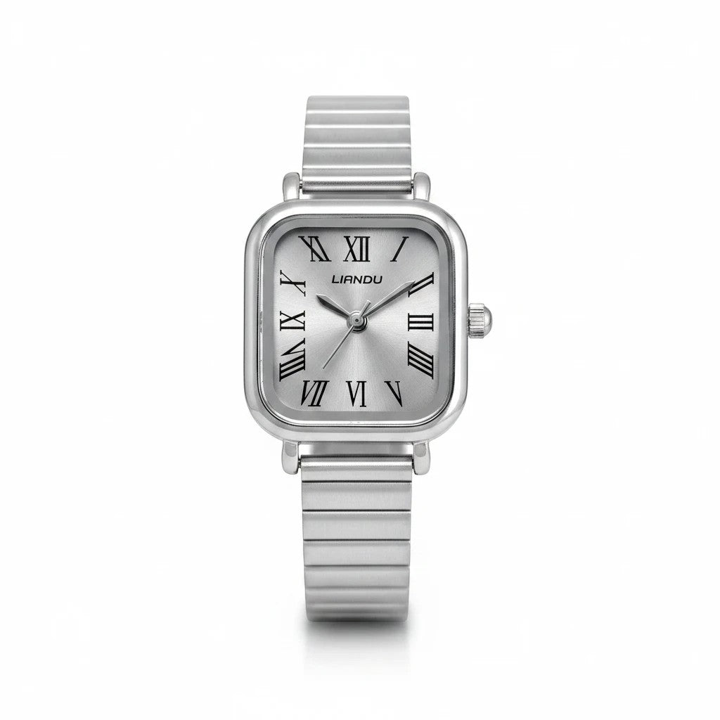 Reloj Hv Hermanas Villegas de caja cuadrada plateada, dial champán con números romanos y correa extensible flexible.