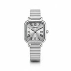 Reloj Hv Hermanas Villegas de caja cuadrada plateada, dial champán con números romanos y correa extensible flexible.