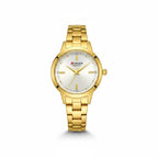 Reloj analógico Hv Hermanas Villegas dorado con caja redonda, dial satinado y detalles de circones en acero pulido.