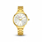 Reloj analógico Hv Hermanas Villegas dorado con caja redonda, dial satinado, marcadores de circones y correa de acero