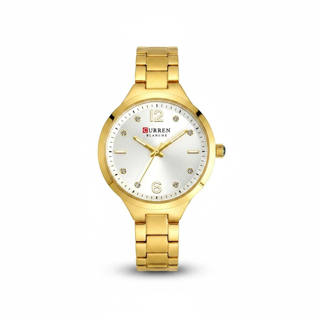 Reloj analógico Hv Hermanas Villegas dorado con caja redonda, dial satinado, marcadores de circones y correa de acero