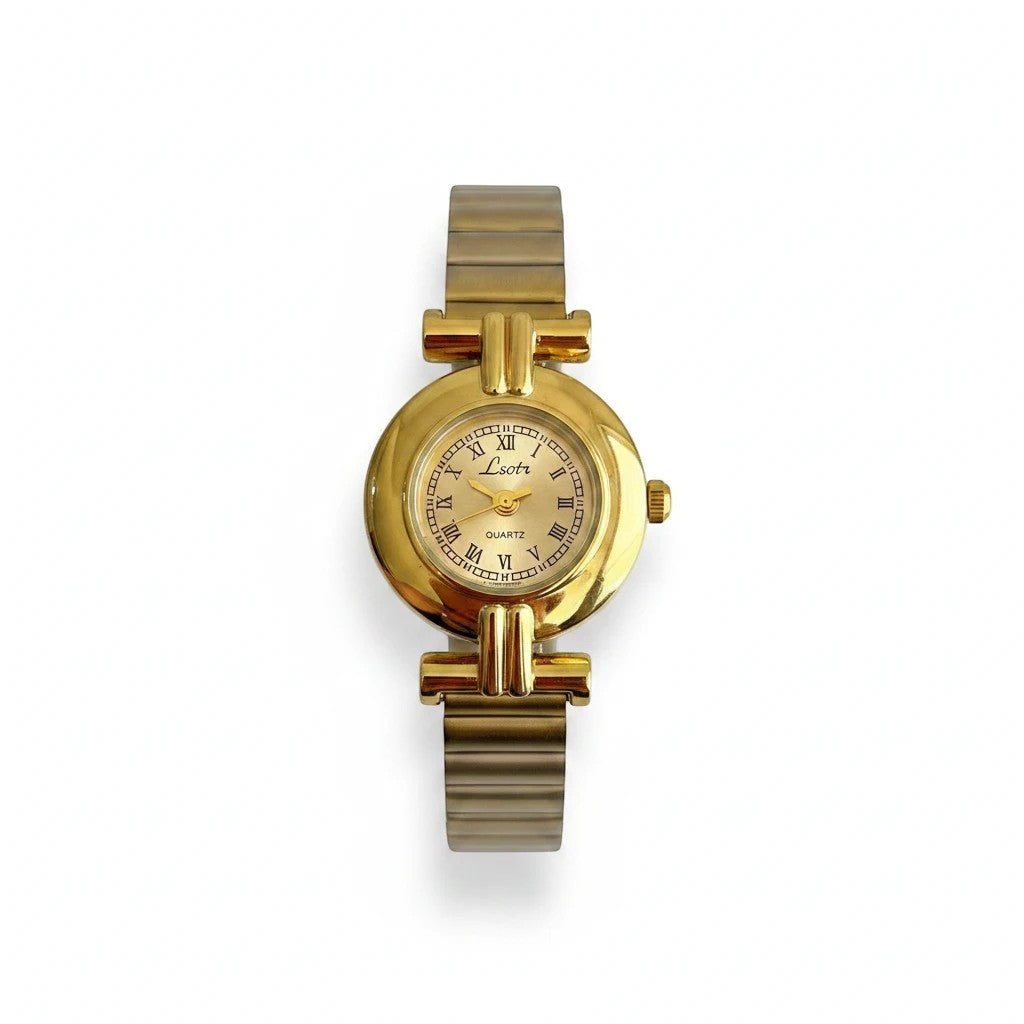 Reloj Hv Hermanas Villegas redondo de acero dorado con dial de números romanos y correa de eslabones estilo vintage