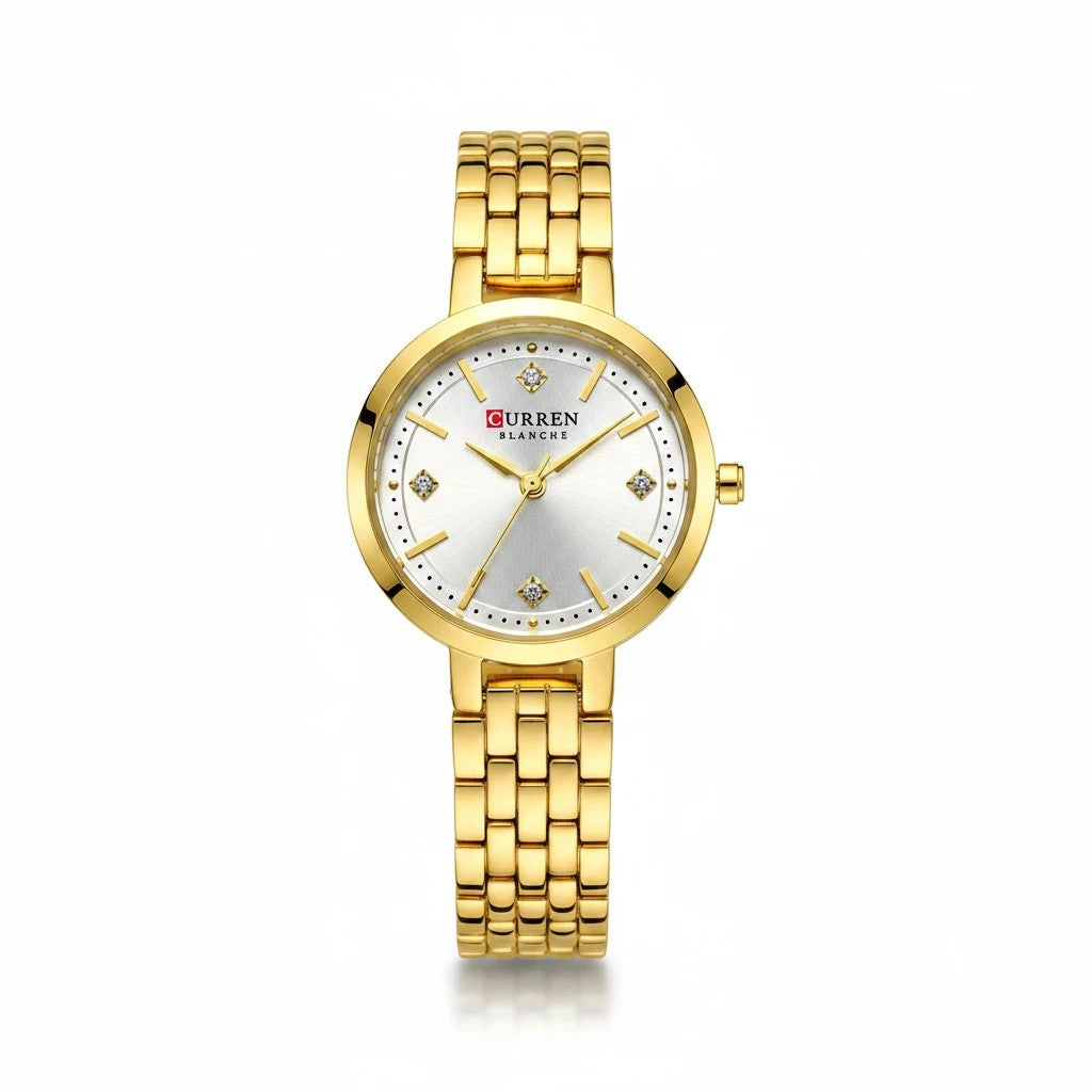 Reloj analógico Hv Hermanas Villegas dorado con caja redonda, dial satinado y detalles de circones en correa de acero