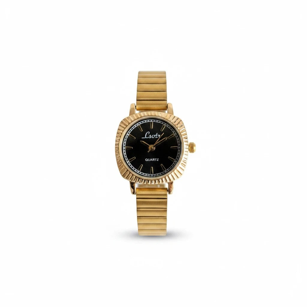 Reloj Hv Hermanas Villegas de acero dorado con caja cuadrada, dial negro y correa de eslabones estilo vintage