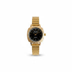 Reloj Hv Hermanas Villegas de acero dorado con caja cuadrada, dial negro y correa de eslabones estilo vintage