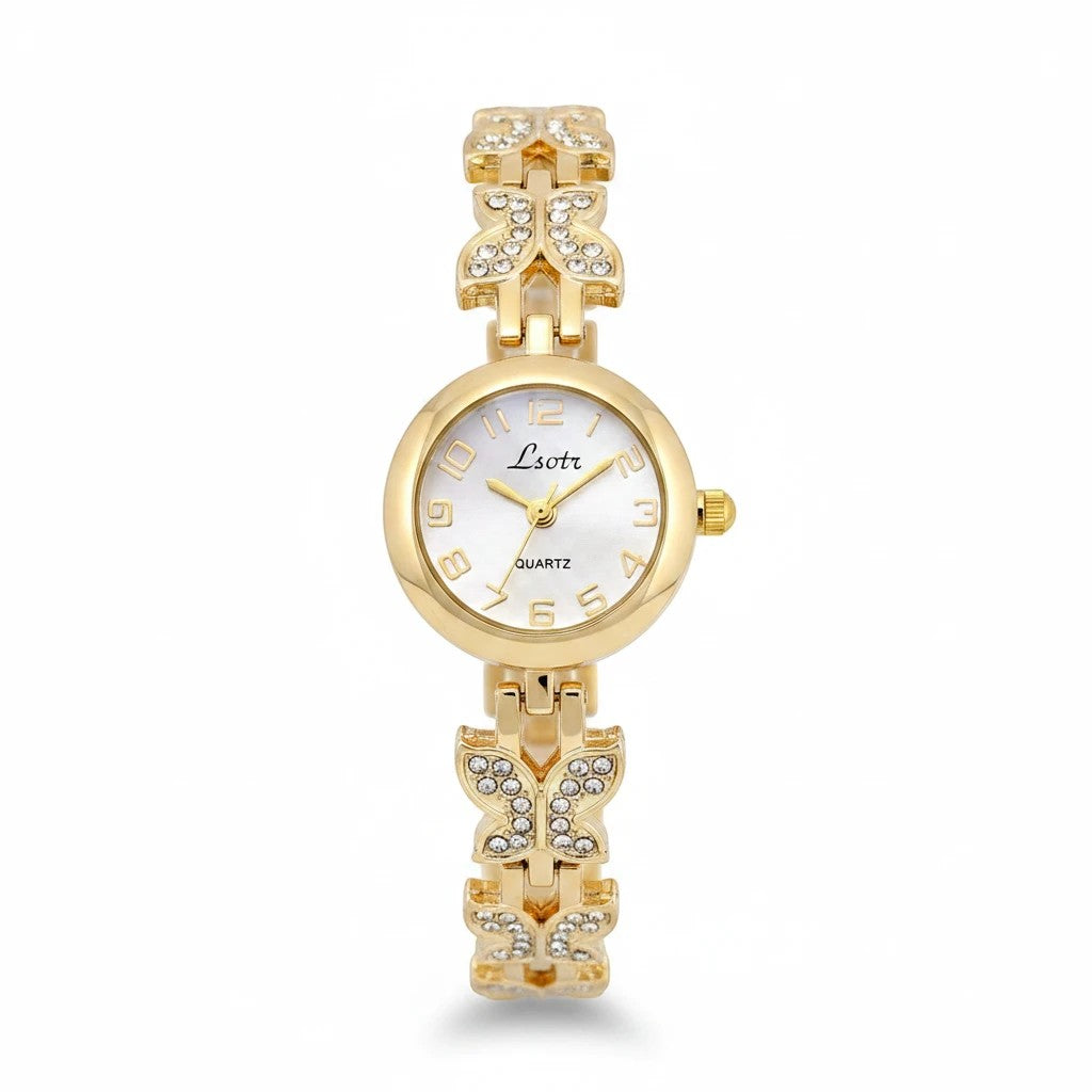 Reloj Hv Hermanas Villegas dorado con caja redonda, dial claro y correa de eslabones con mariposas y cristales