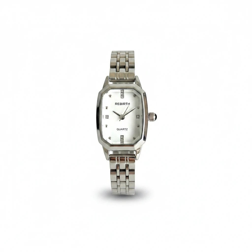 Reloj Hv Hermanas Villegas octagonal plateado de acero con dial claro, marcadores brillantes y correa de eslabones