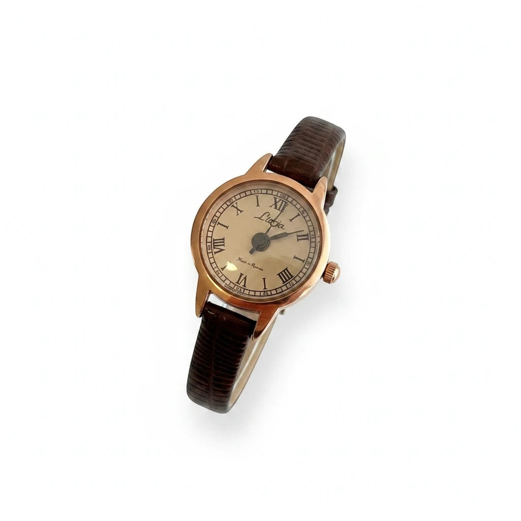 Reloj Hv Hermanas Villegas con caja redonda oro rosa, dial champán, números romanos y correa de cuero vegano marrón.