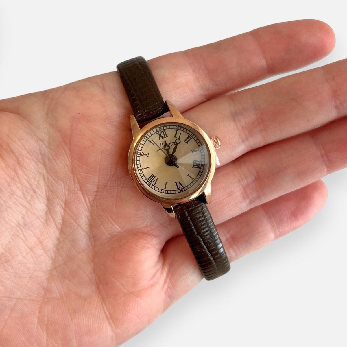 Reloj Hv Hermanas Villegas mini con caja oro rosa, dial champán, números romanos y correa de cuero vegano marrón